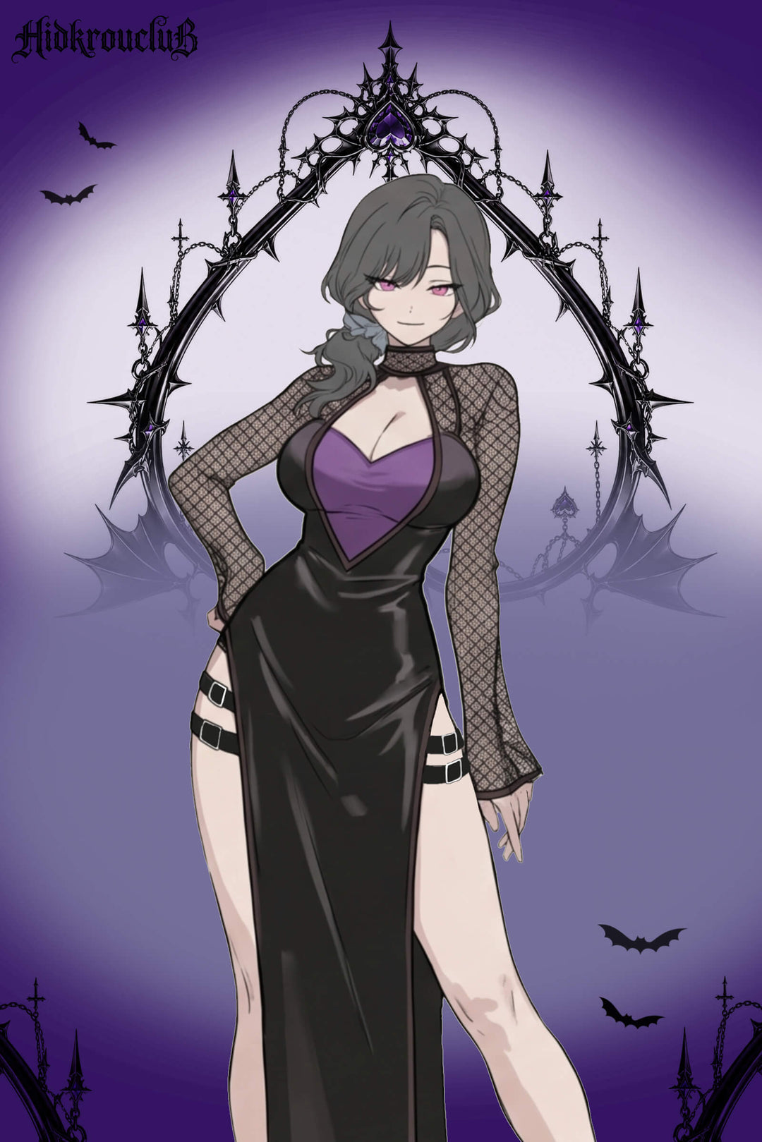 Front view of woman wearing Black and Purple Dark Gothic Fishnet Maxi Dress with Garters