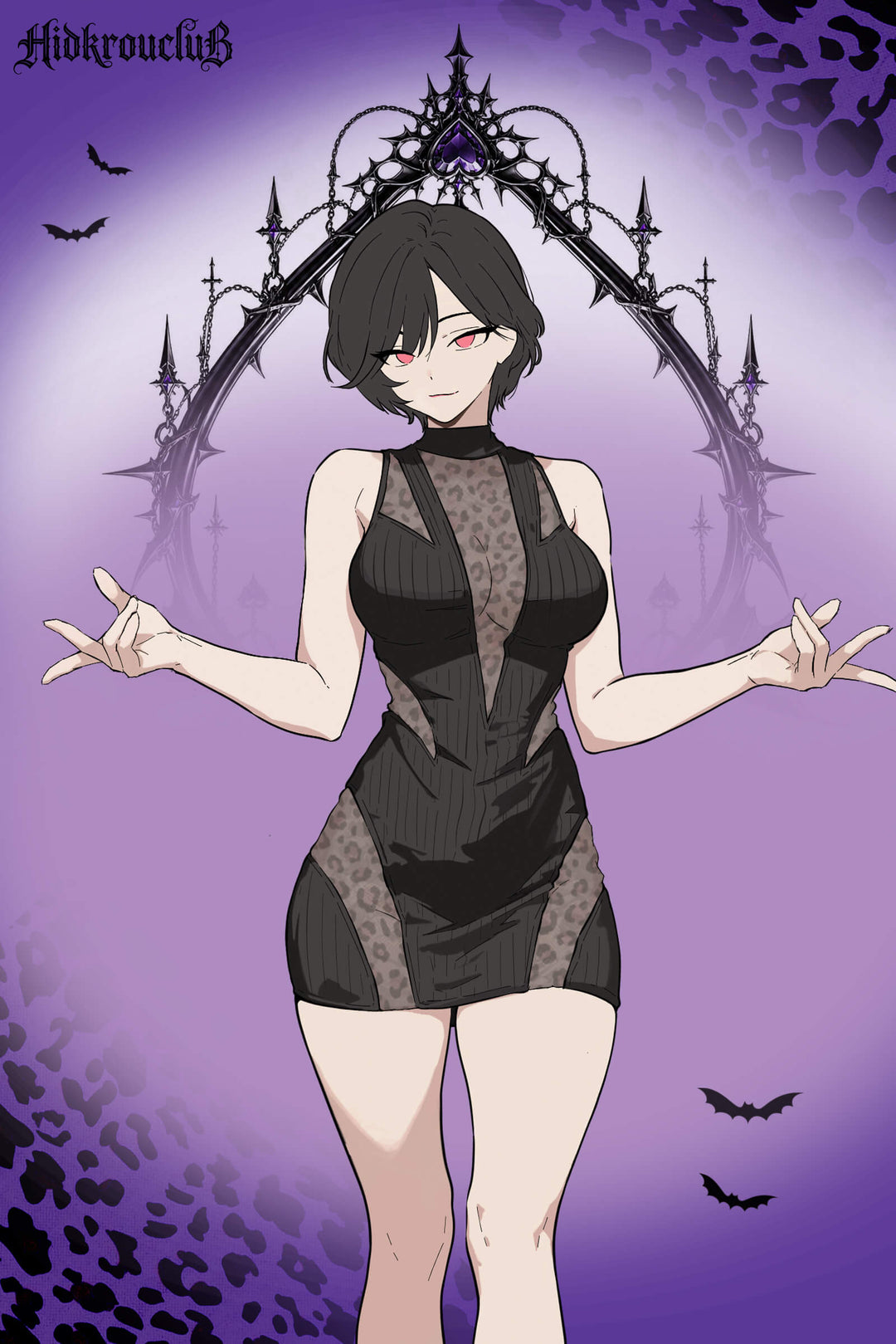 Anime illustration of a character wearing a black halter neck gothic mini dress with a sheer lace front panel against a purple spooky background.