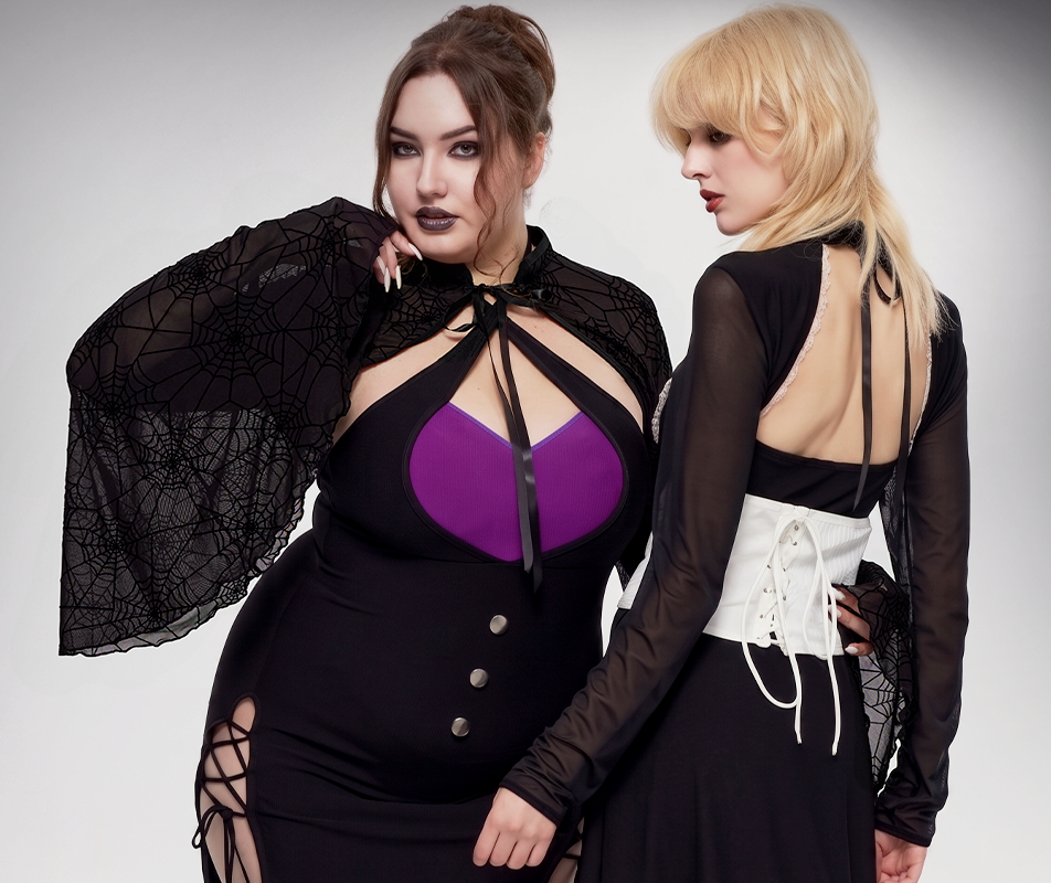 Models wearing Dark Gothic Mesh Dresses and Spiderweb Capes - Hidkrouclub Collection
